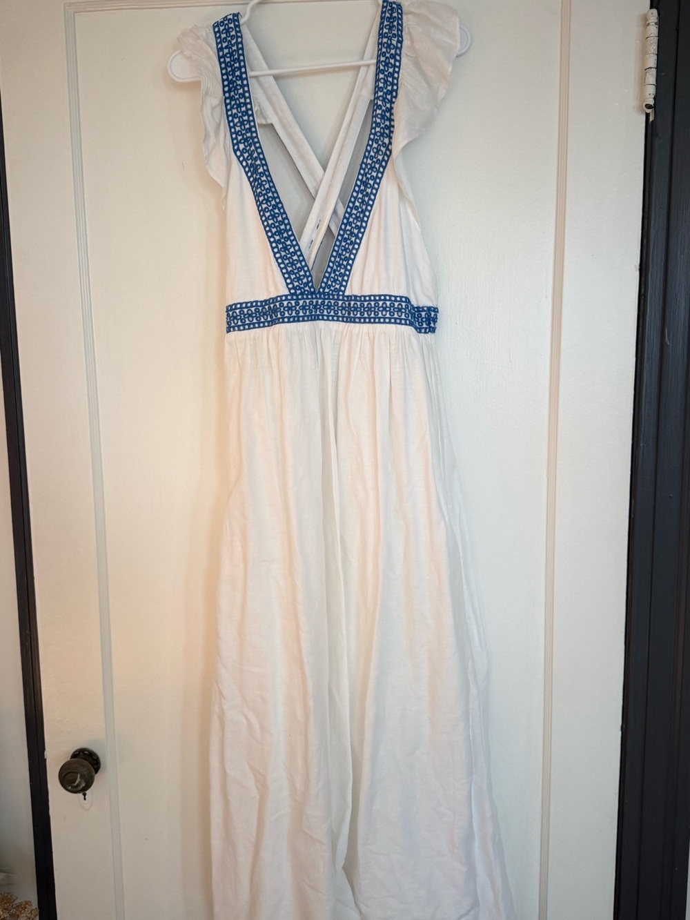 J Crew Linen White Maxi Dress with Blue Embroidered Trim